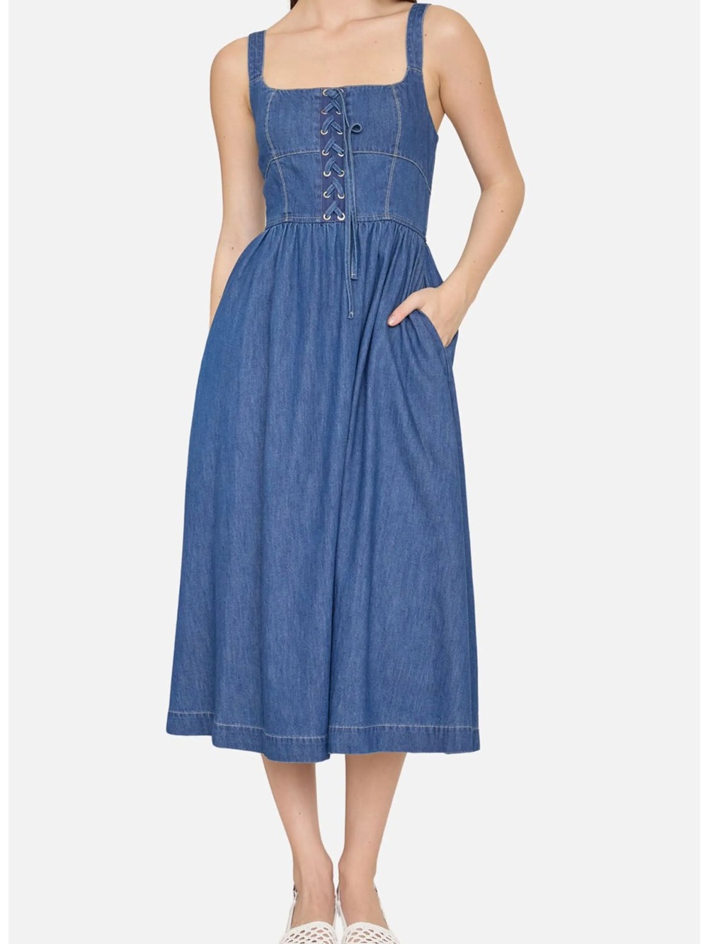 Blu Pepper Denim Lace-Up Midi Dress - Blue, New without tags